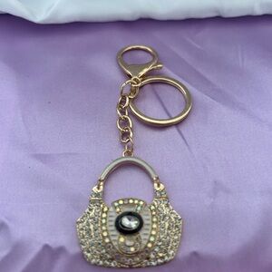 Gold Crystal Handbag Keychain - Sparkling Key & Card Holder Accent